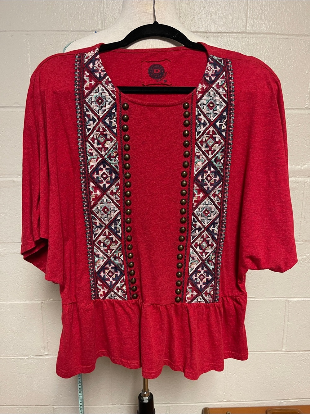 Double D Ranch Red Embroidered Peplum Tunic with Stud Accents